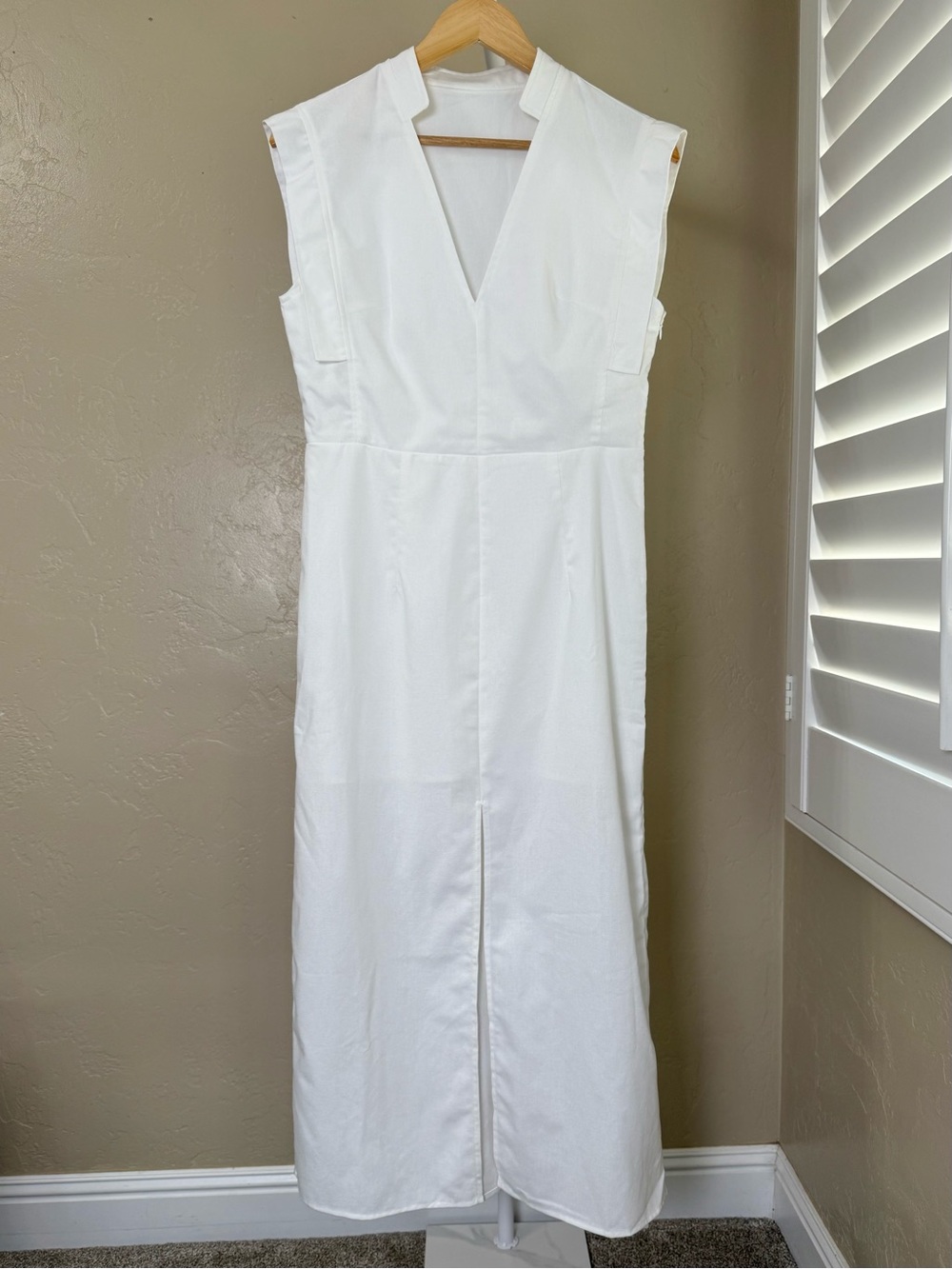 Commense White Linen Blend V Neck Bow Belt Midi Dress Slit NWT Small - Picture 10 of 15
